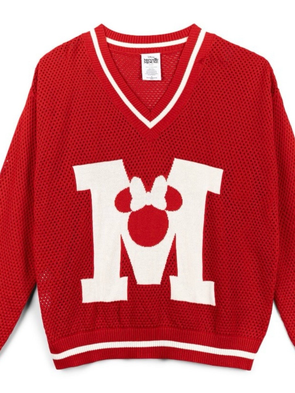 Red Minnie M Cable-Knit Mesh Sweater with White 'M'
